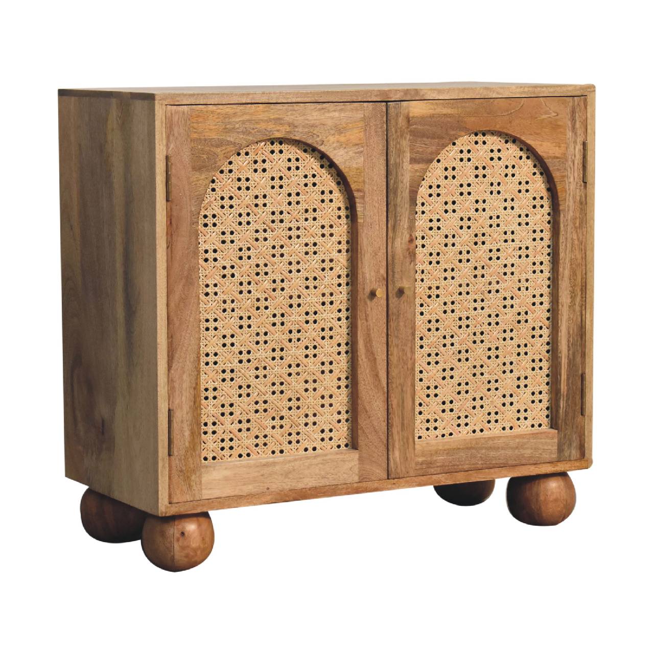 Solid Mango Wood Oak Finished 2 Door Rattan Front Ball Feet Cabinet - Image 3