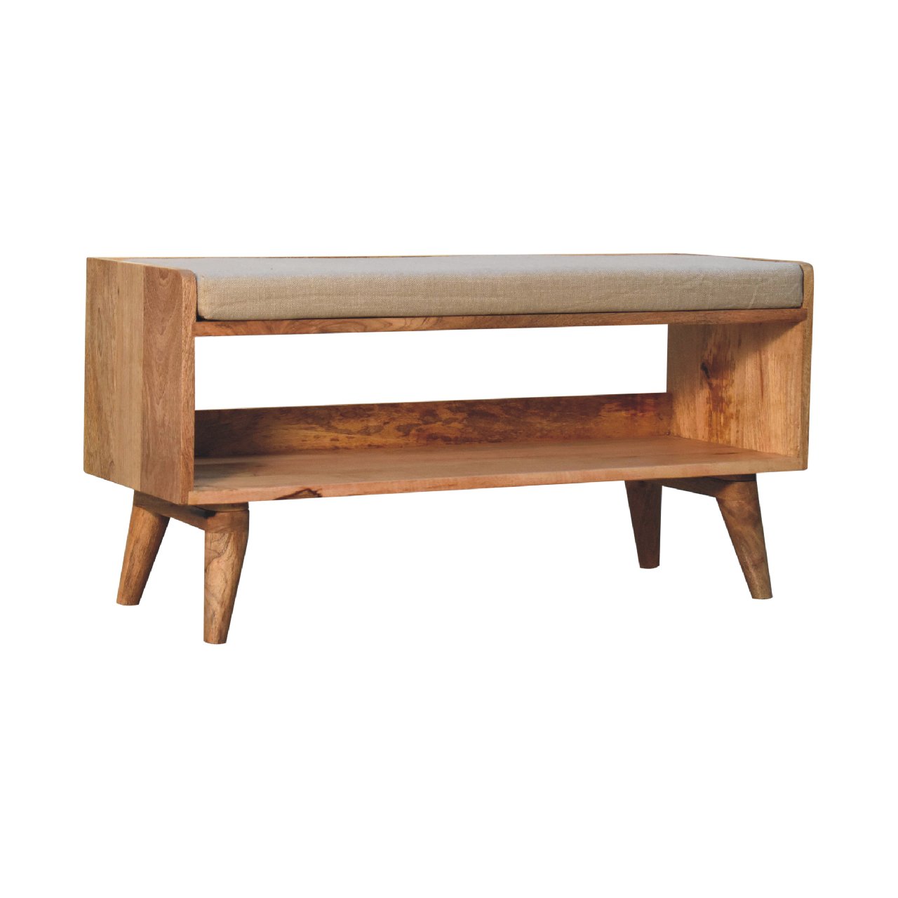 Solid Mango Wood Oak Finished Nordic Storage Bench With Light Brown Linen - Image 2