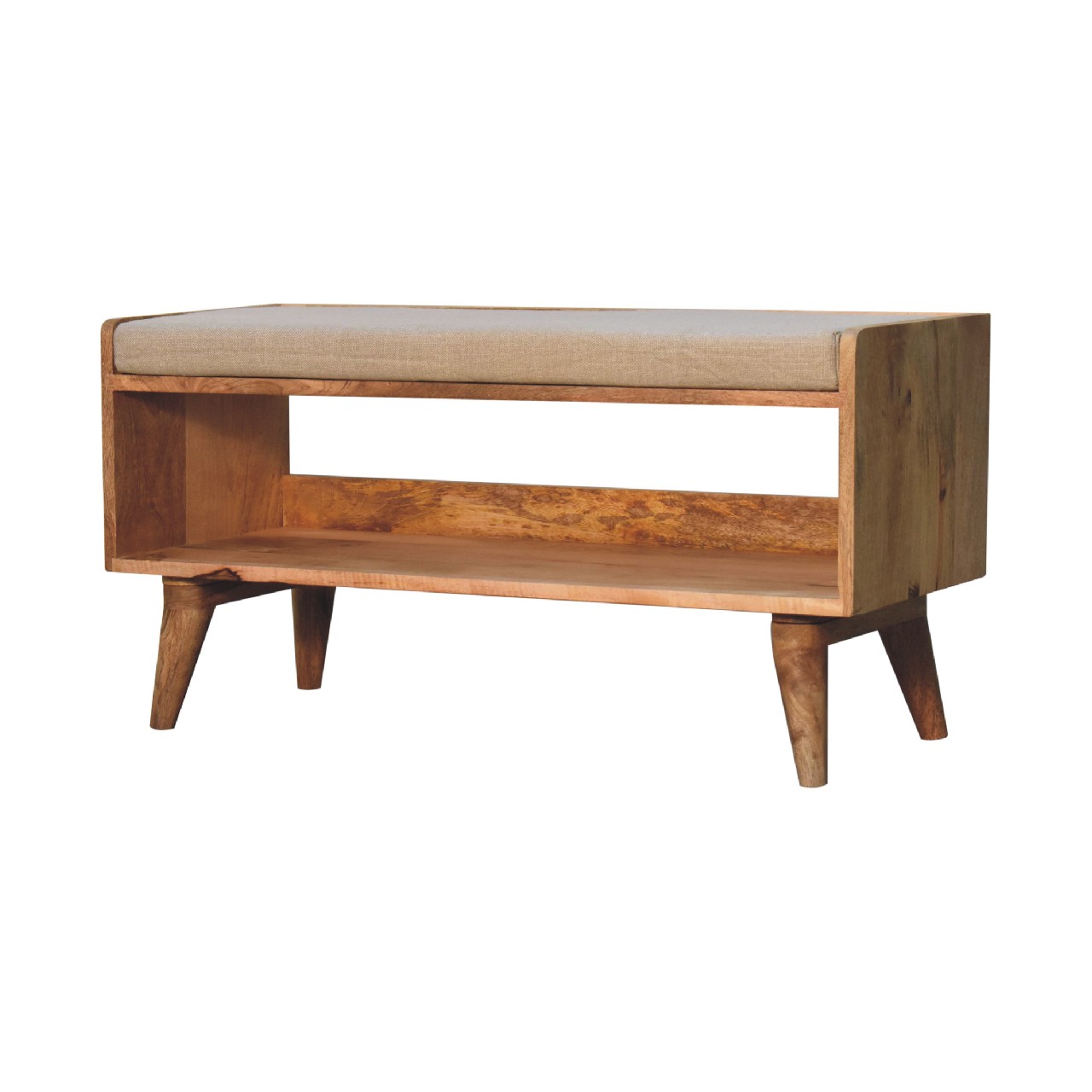 Solid Mango Wood Oak Finished Nordic Storage Bench With Light Brown Linen - Image 3