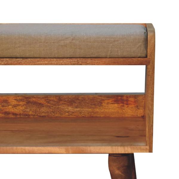 Solid Mango Wood Oak Finished Nordic Storage Bench With Light Brown Linen - Image 4