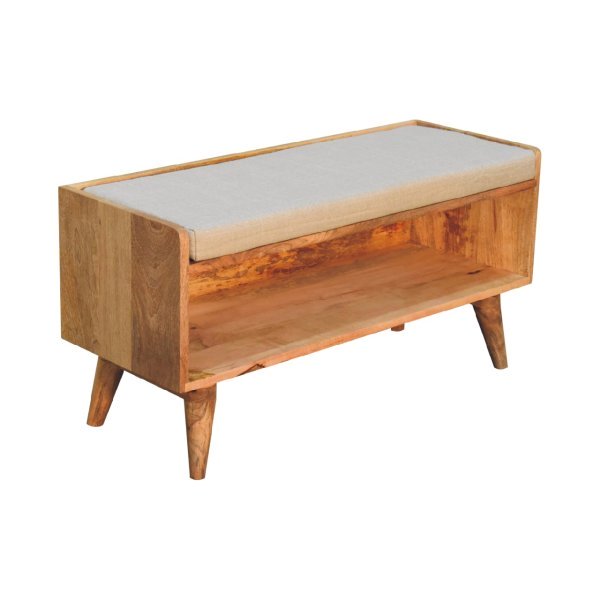 Solid Mango Wood Oak Finished Nordic Storage Bench With Light Brown Linen - Image 5