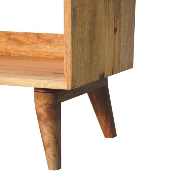 Solid Mango Wood Oak Finished Nordic Storage Bench With Light Brown Linen - Image 8