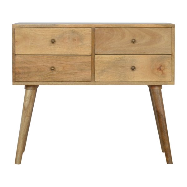 Solid Mango Wood Oak Finished Nordic 4 Drawer Console
