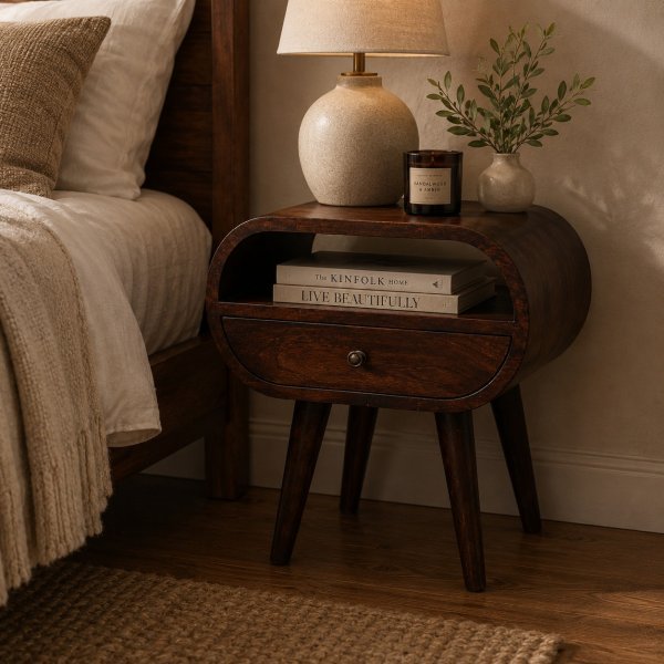 Solid Mango Wood California Walnut 1 Drawer 1 Slot Rounded Bedside