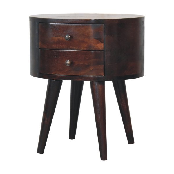 Solid Mango Wood California Walnut Finished 2 Drawer Rounded Bedside Table - Image 3