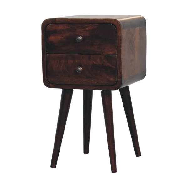 Solid Mango Wood California Walnut 2 Drawer Mini Curved Bedside - Image 2