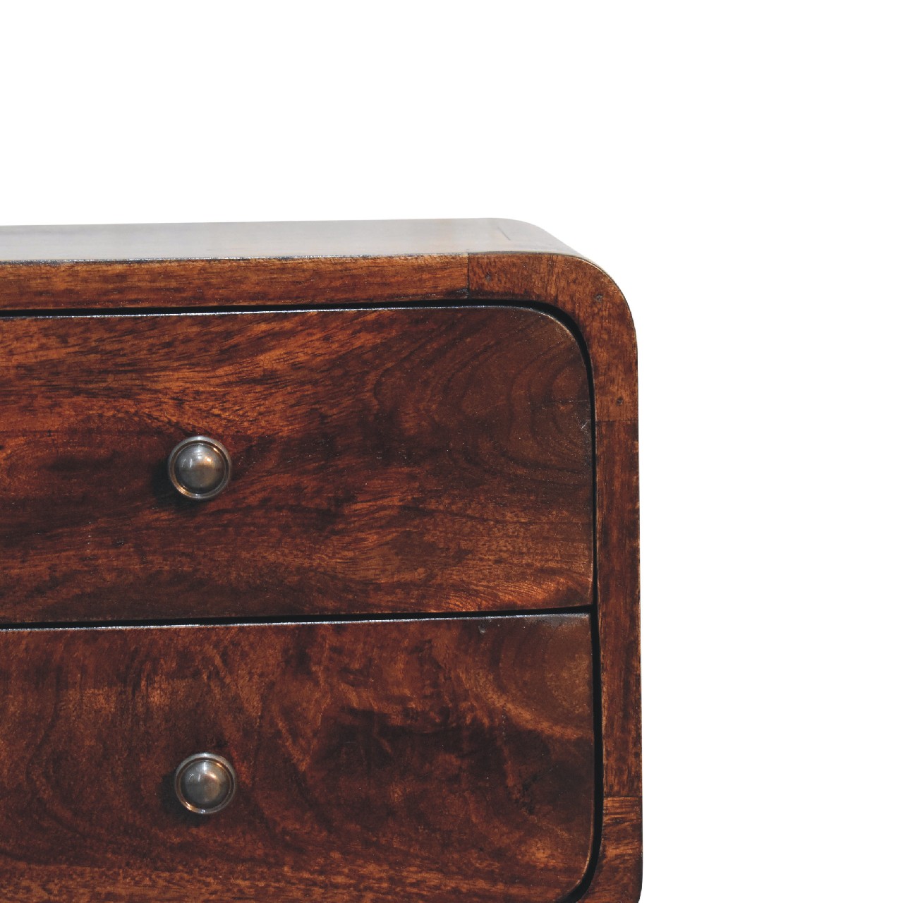 Solid Mango Wood California Walnut 2 Drawer Mini Curved Bedside - Image 4