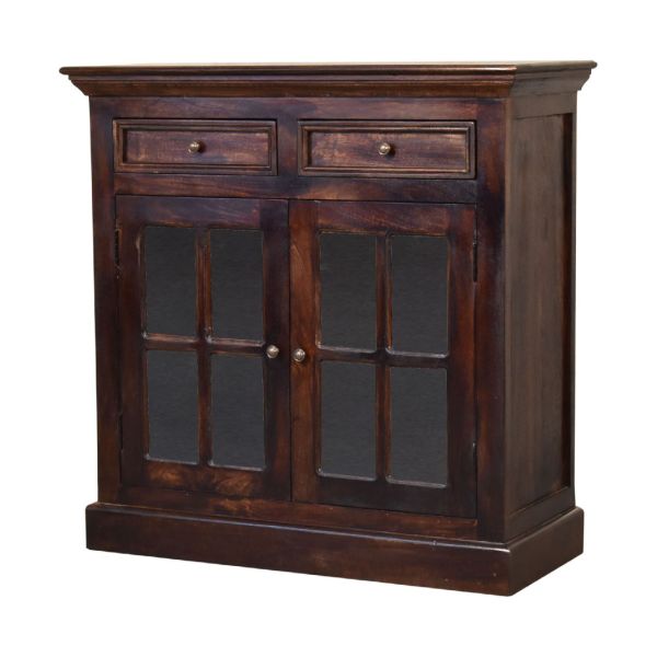 Solid Mango Wood California Walnut Finished 2 Glass Doors 2 Drawers Cabinet - Image 2