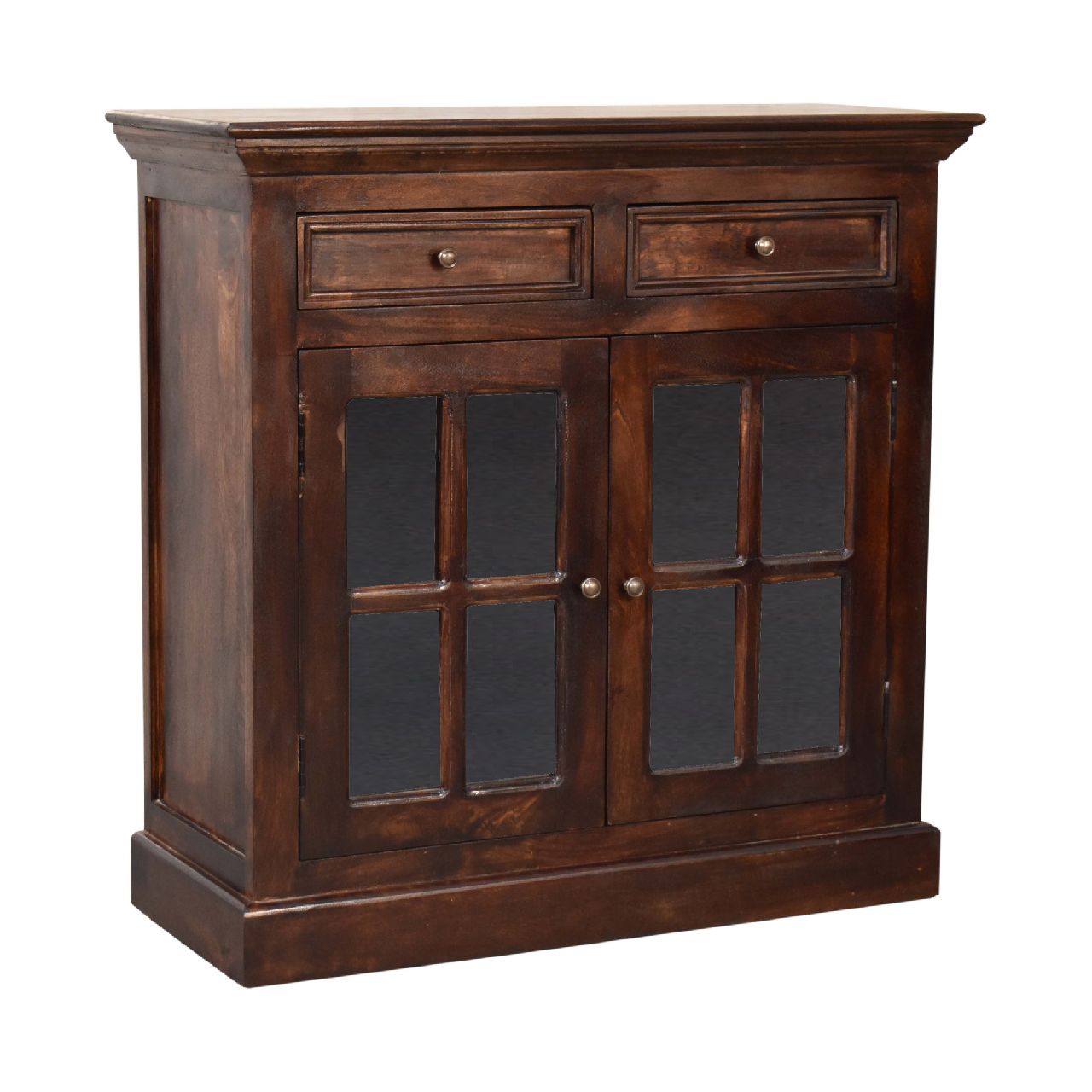 Solid Mango Wood California Walnut Finished 2 Glass Doors 2 Drawers Cabinet - Image 3
