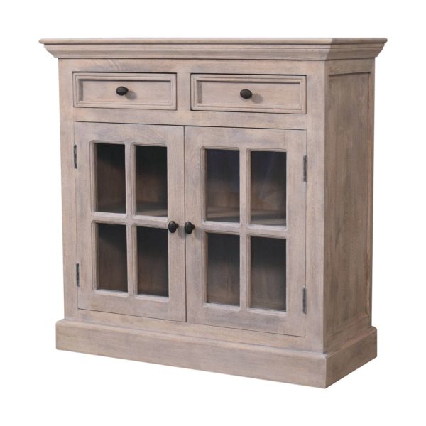 Solid Mango Wood Stone Wash Finished 2 Glass Doors 2 Drawers Cabinet - Image 2