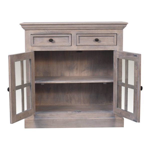 Solid Mango Wood Stone Wash Finished 2 Glass Doors 2 Drawers Cabinet - Image 8