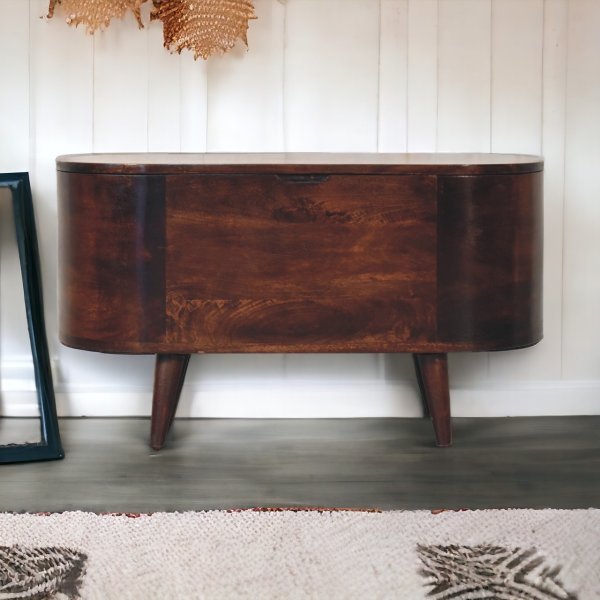 Solid Mango Wood California Walnut Finished Rounded Ottoman/Blanket Box