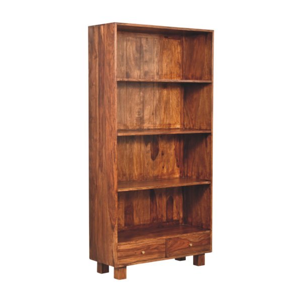 Solid Sheesham Wood Chestnut Finished 3 Shelves 2 Drawers Tula Bookcase - Image 2