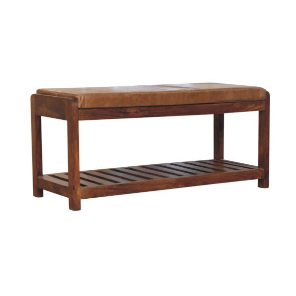 Solid Mango Wood Chestnut Finished Tan Leather Upholstered Slatted Hallway Bench