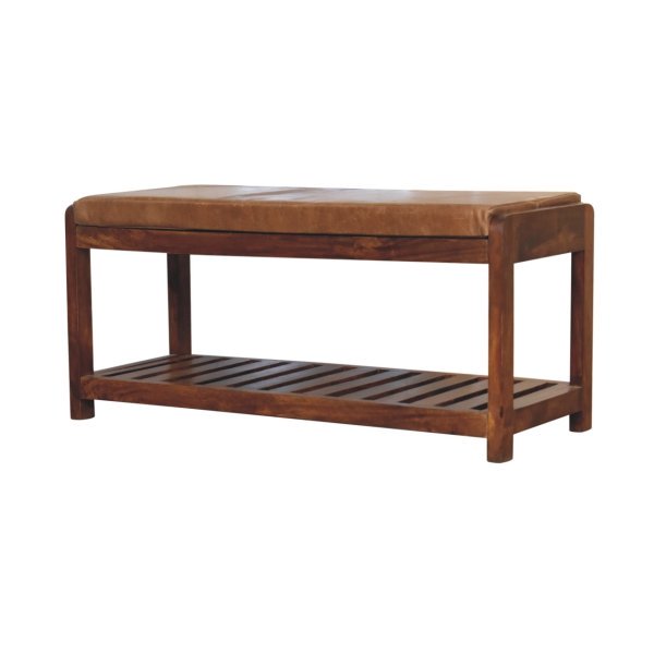 Solid Mango Wood Chestnut Finished Tan Leather Upholstered Slatted Hallway Bench - Image 2