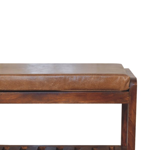 Solid Mango Wood Chestnut Finished Tan Leather Upholstered Slatted Hallway Bench - Image 3