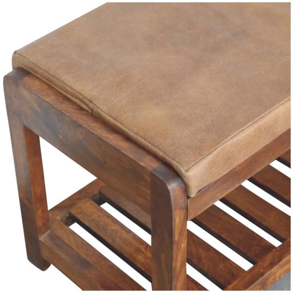 Solid Mango Wood Chestnut Finished Tan Leather Upholstered Slatted Hallway Bench - Image 4