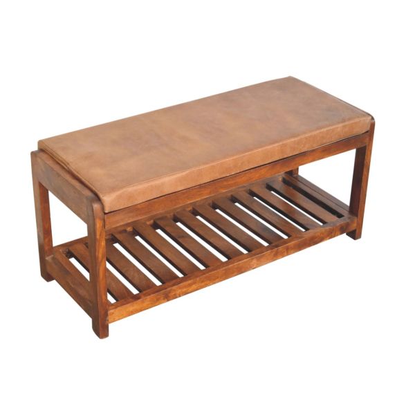 Solid Mango Wood Chestnut Finished Tan Leather Upholstered Slatted Hallway Bench - Image 6