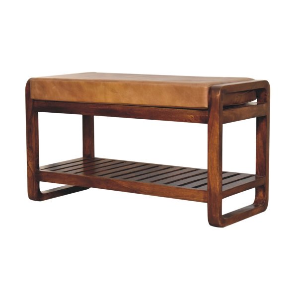 Solid Mango Wood Chestnut Finished Small Leather Upholstered Slatted Hallway Bench - Image 2