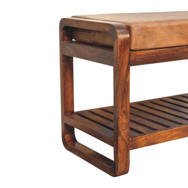Solid Mango Wood Chestnut Finished Small Leather Upholstered Slatted Hallway Bench - Image 6
