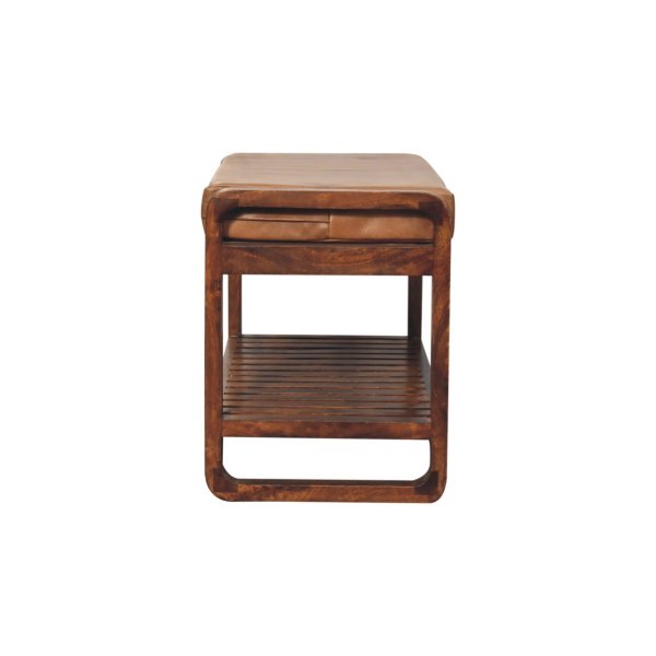 Solid Mango Wood Chestnut Finished Small Leather Upholstered Slatted Hallway Bench - Image 8