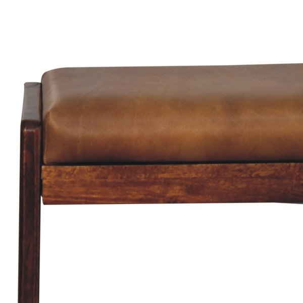 Solid Mango Wood Chestnut Finished Tan Leather Upholstered Footstool - Image 4