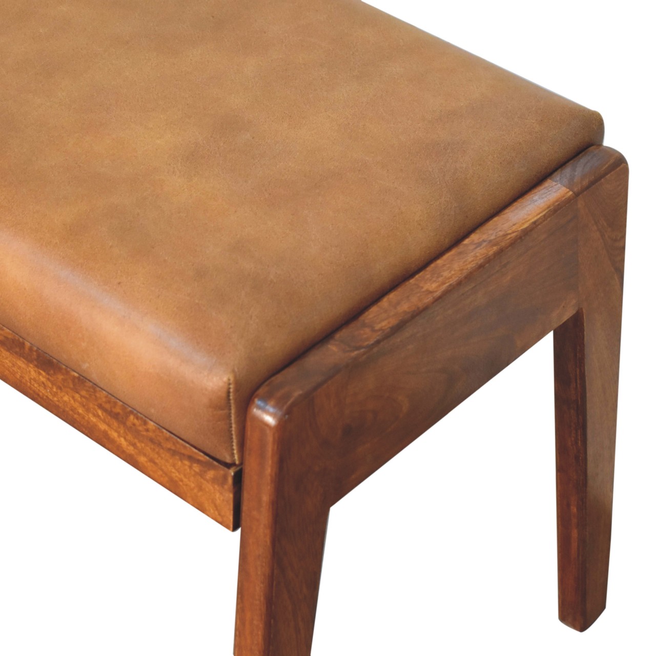 Solid Mango Wood Chestnut Finished Tan Leather Upholstered Footstool - Image 5
