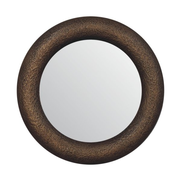 Solid Mango Wood Natural Finished Round Metallic Hammered Mirror