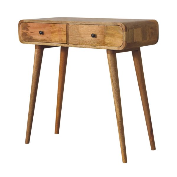 Solid Mango Wood Oak Finish 2 Drawer Curved Hallway Table - Image 2