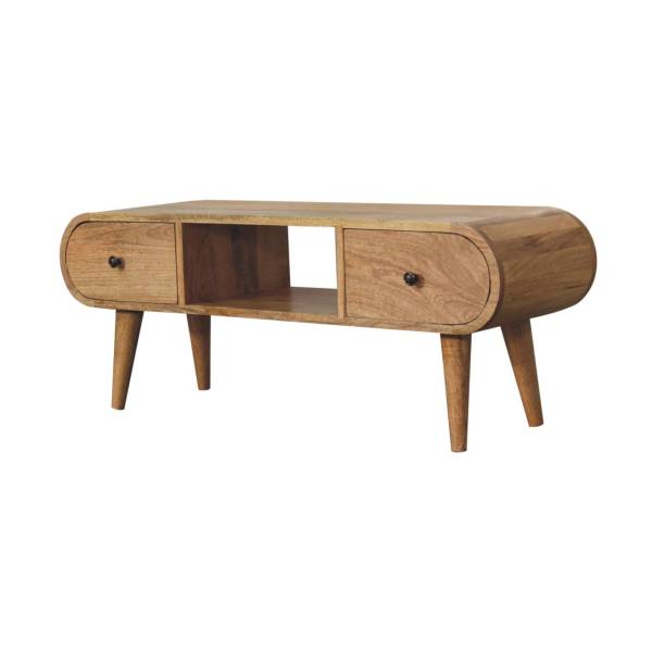 Solid Mango Wood Oak Finished 2 Drawer Circular TV Unit - Image 2