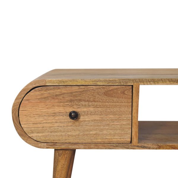 Solid Mango Wood Oak Finished 2 Drawer Circular TV Unit - Image 4