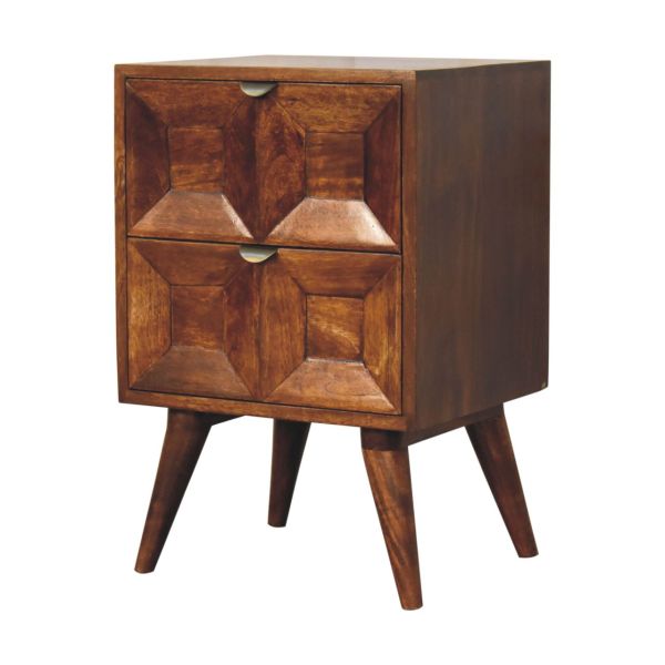 Solid Mango Wood Chestnut Finished 2 Drawer Quad Pattern Bedside - Image 3