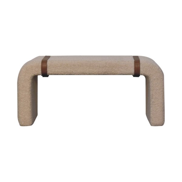 Solid Mango Wood Boucle Upholstered with Leather Straps Bench