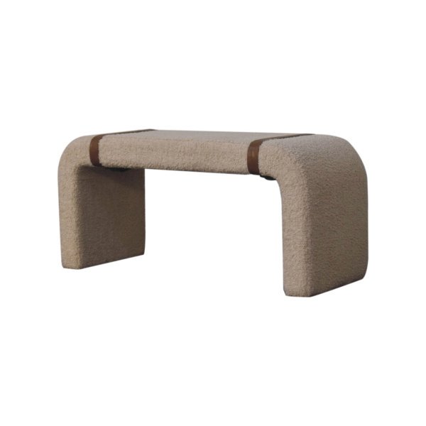 Solid Mango Wood Boucle Upholstered with Leather Straps Bench - Image 2