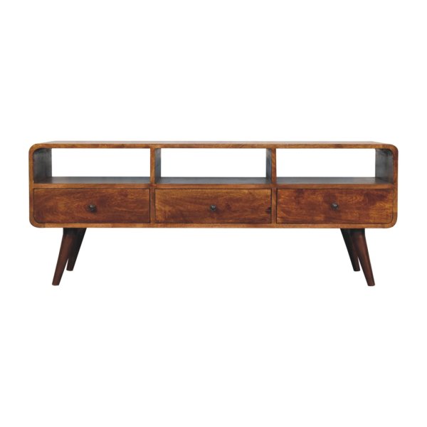 Solid Mango Wood Chestnut Finished Trio Drawer & Slots Curved  Media Unit