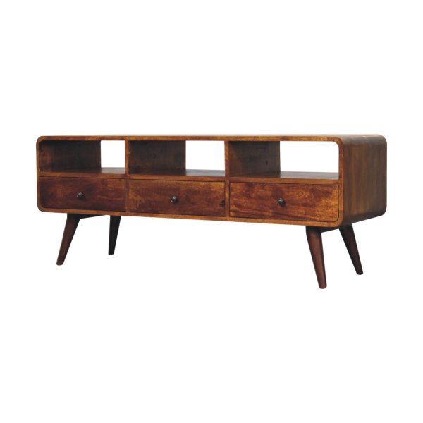 Solid Mango Wood Chestnut Finished Trio Drawer & Slots Curved  Media Unit - Image 3
