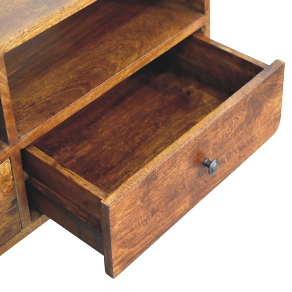 Solid Mango Wood Chestnut Finished Trio Drawer & Slots Curved  Media Unit - Image 6