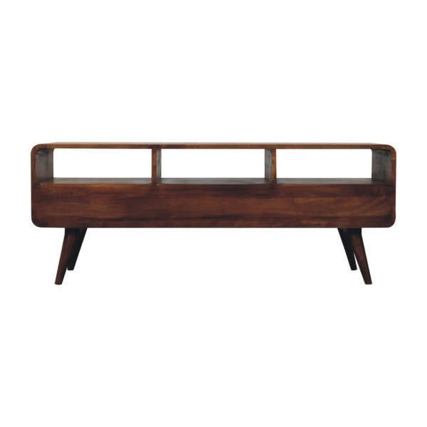 Solid Mango Wood Chestnut Finished Trio Drawer & Slots Curved  Media Unit - Image 9