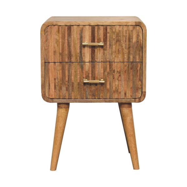 Solid Mango Wood Oak Finished 2 Drawer T-bar Ridged Pattern Bedside