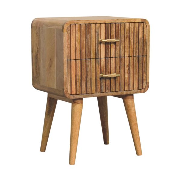 Solid Mango Wood Oak Finished 2 Drawer T-bar Ridged Pattern Bedside - Image 2