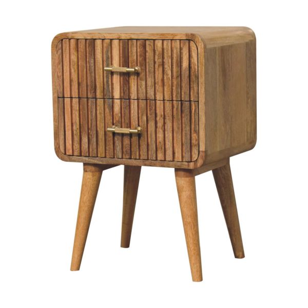 Solid Mango Wood Oak Finished 2 Drawer T-bar Ridged Pattern Bedside - Image 3