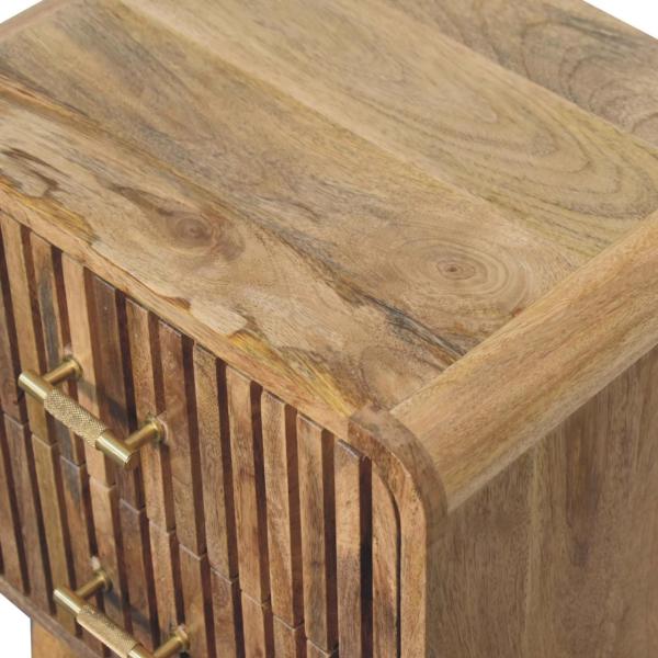 Solid Mango Wood Oak Finished 2 Drawer T-bar Ridged Pattern Bedside - Image 5