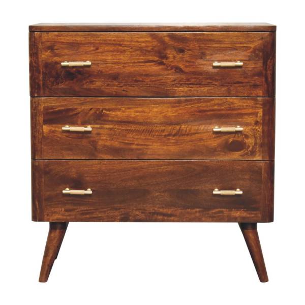 Solid Mango Wood Chestnut Finished 3 Drawer T-Bar Chest