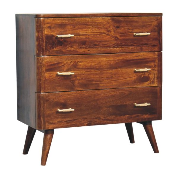 Solid Mango Wood Chestnut Finished 3 Drawer T-Bar Chest - Image 3