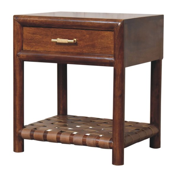 Solid Mango Wood Solid Chestnut Finished 1 Drawer Woven Shelf 1 Nightstand - Image 2