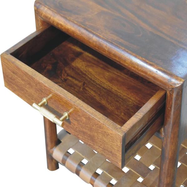 Solid Mango Wood Solid Chestnut Finished 1 Drawer Woven Shelf 1 Nightstand - Image 6