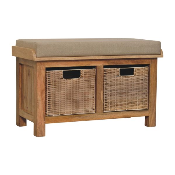 Solid Mango Oak Finished 2 Rattan Baskets with Linen Upholstery Bench - Image 2