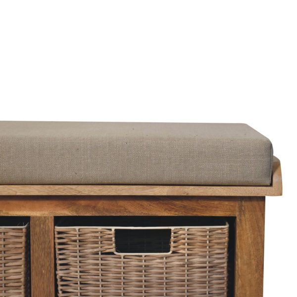 Solid Mango Oak Finished 2 Rattan Baskets with Linen Upholstery Bench - Image 4