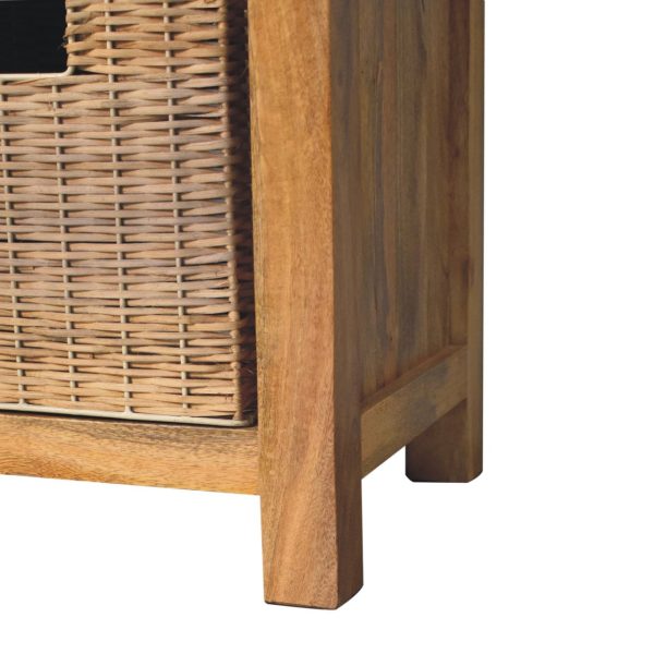 Solid Mango Oak Finished 2 Rattan Baskets with Linen Upholstery Bench - Image 7
