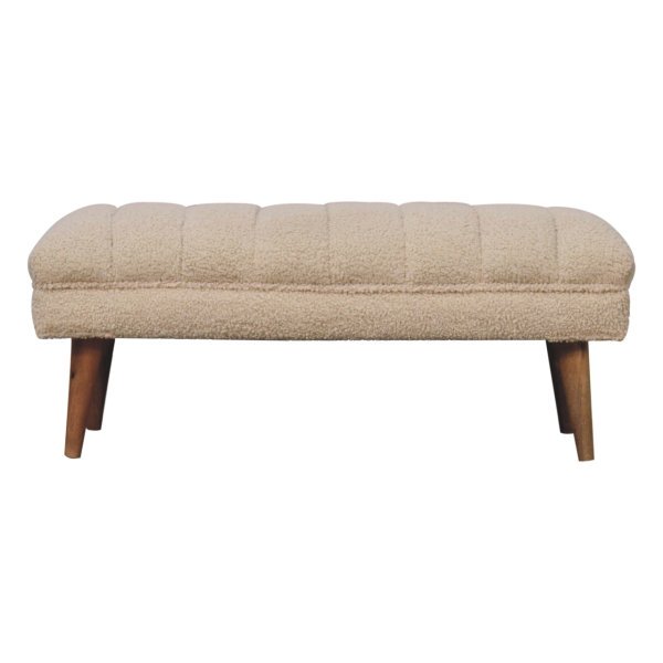 Solid Mango Wood Natural Finish Cream Boucle Upholstered Puffer Bench